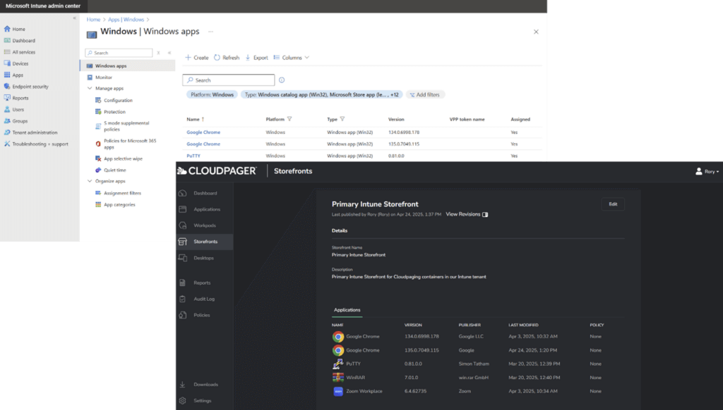 Graphic of Cloudpaging application containers in Intune and the Cloudpager Intune Storefront window