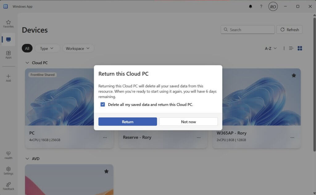 Windows 365 Reserve Pop-up