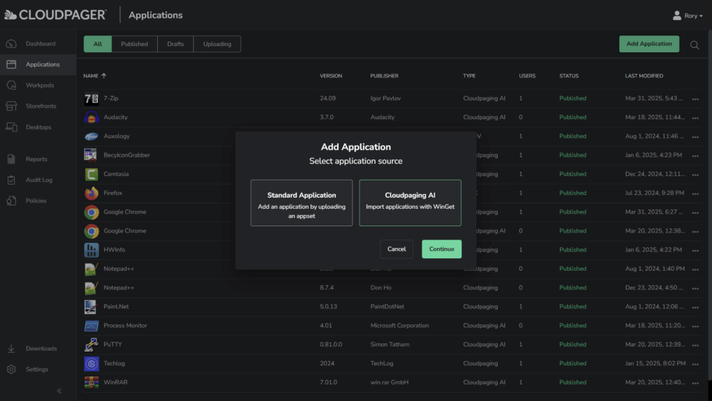 Cloudpaging AI Packaging Menu