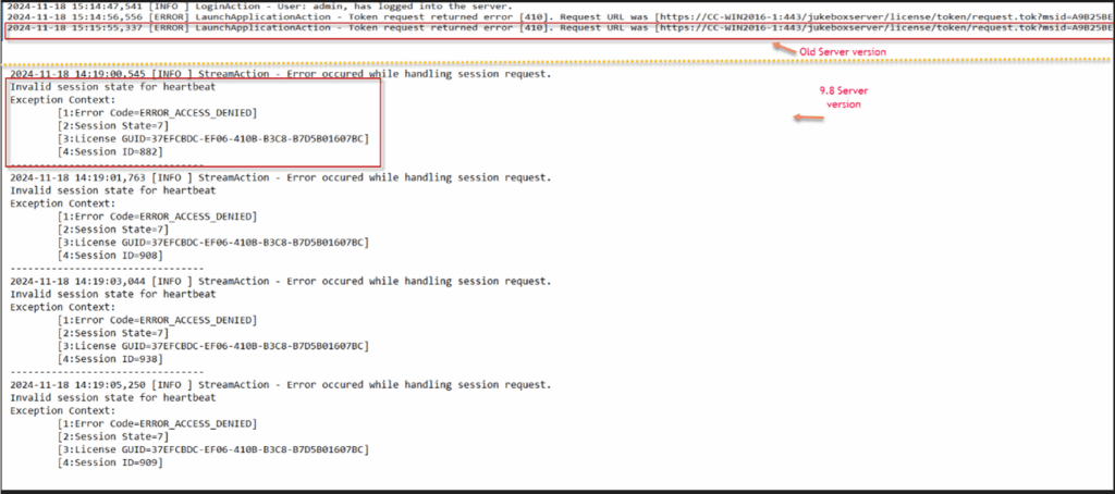 Cloudpaging Server 9.8.0 Error Log comparison to prior versions
