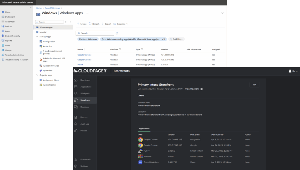 Graphic of Cloudpaging application containers in Intune and the Cloudpager Intune Storefront window