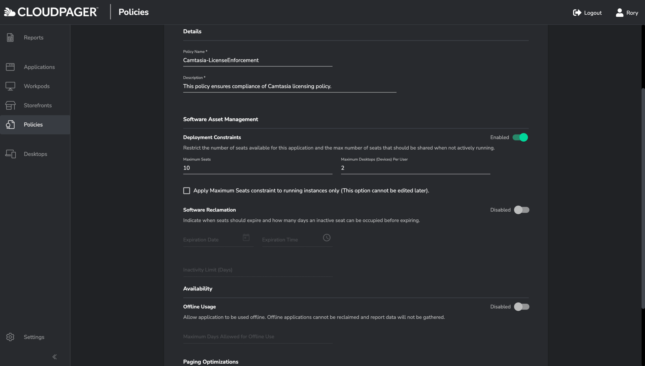 Policy Cloudpager"Policies" tab with deployment constraints being implemented