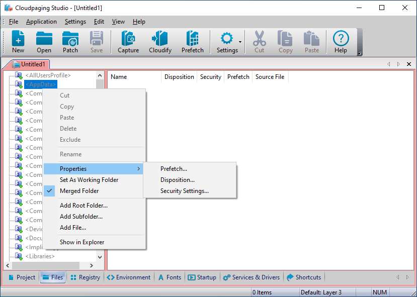 Cloudpaging Studio 9.4.1 property selection