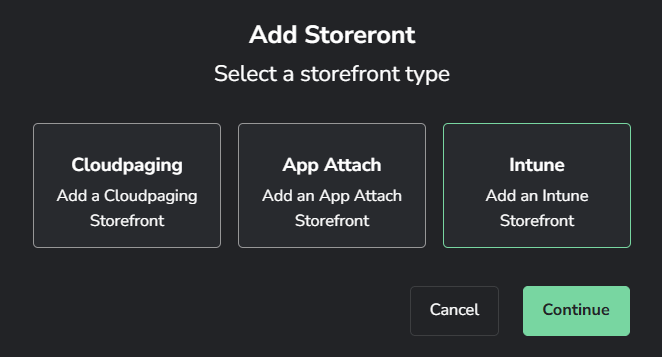 Selecting Intune in the Cloudpager Storefront tab