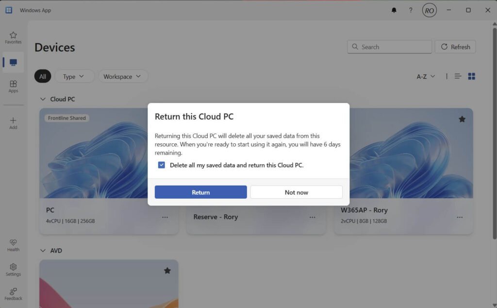 Windows 365 Reserve Pop-up
