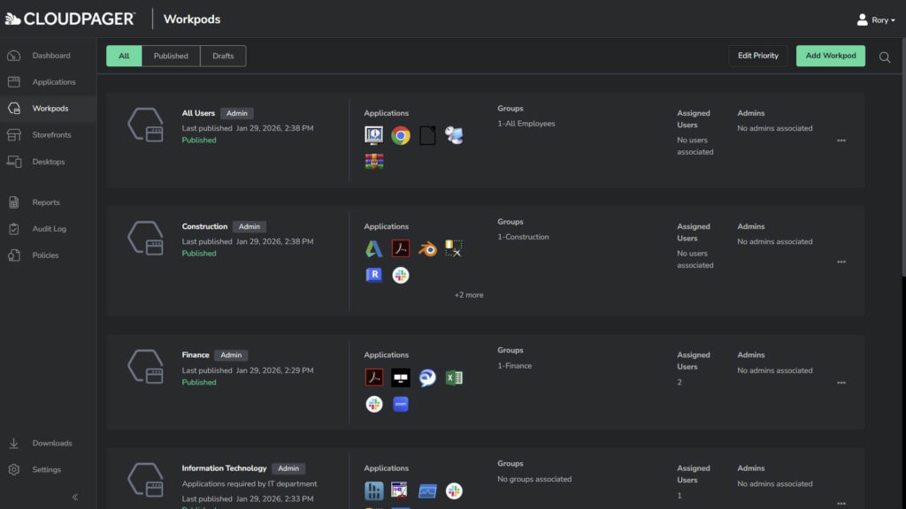 Workpod pane in Cloudpager