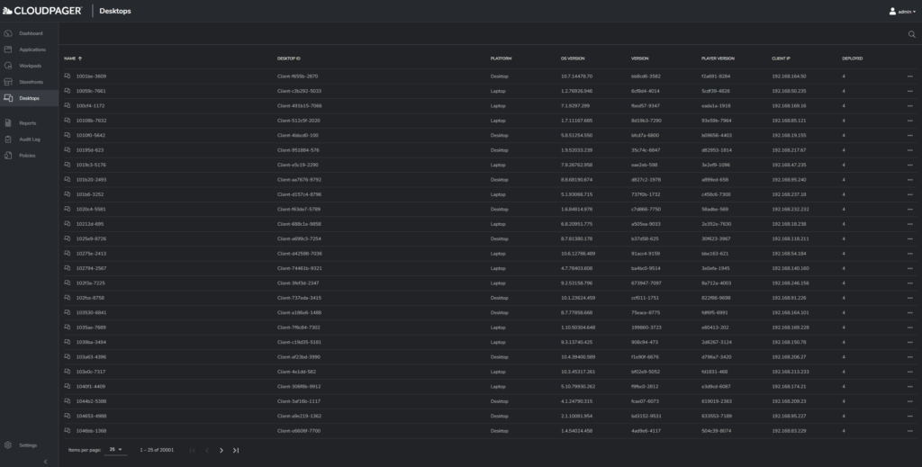 Cloudpager Desktop tab list of desktops