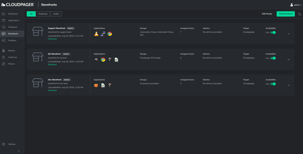 Cloudpager Storefronts tab